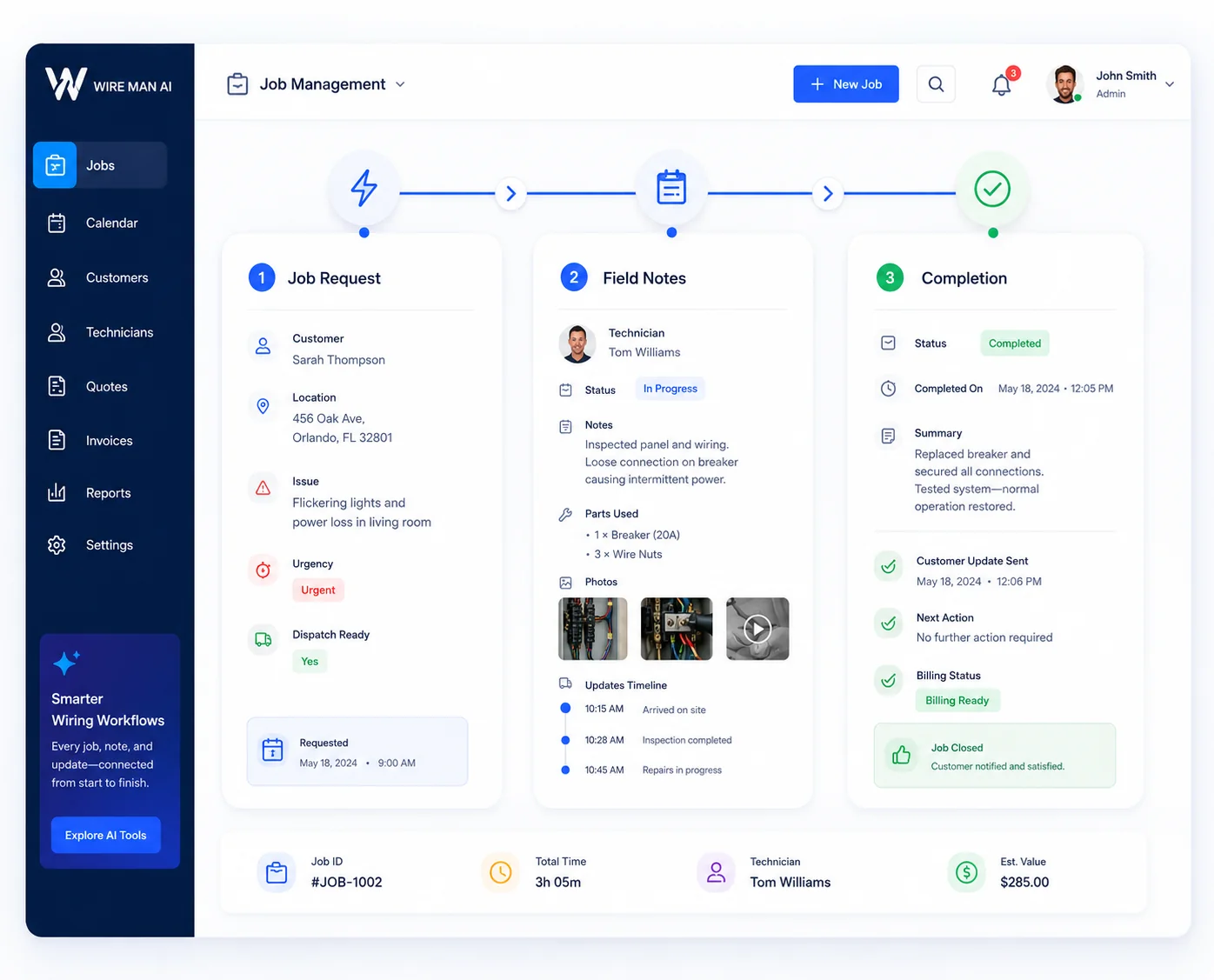 Job management dashboard interface