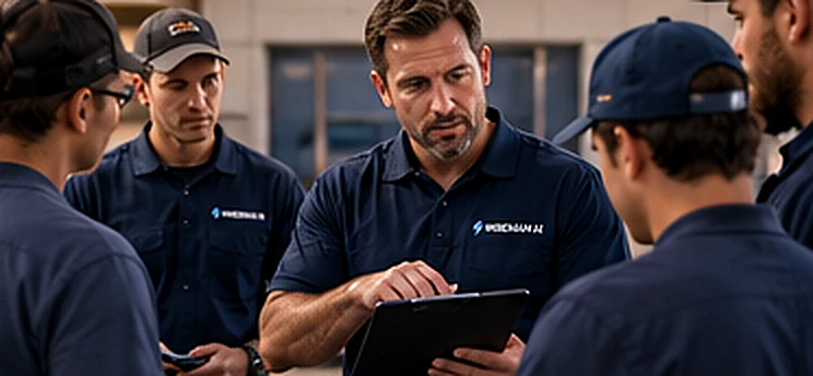 Two electrical service team members reviewing work on a tablet