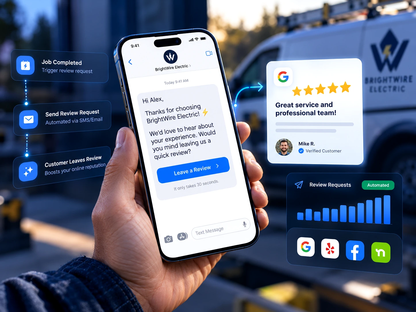 Illustrative review request text message on a mobile phone