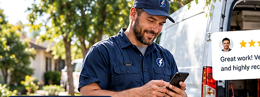 Independent electrician standing beside service van