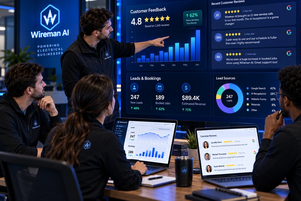 Electrical business team discussing a conceptual online reputation dashboard
