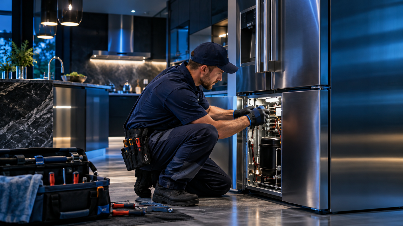 Appliance repair technician servicing a refrigerator in a modern kitchen