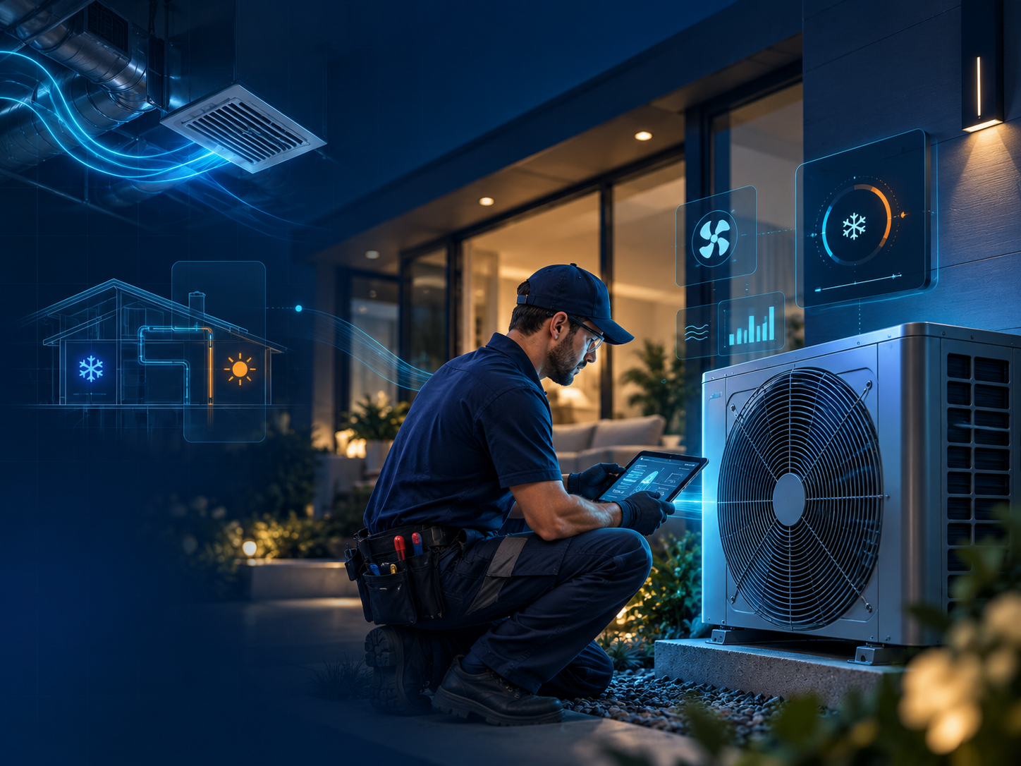 HVAC technician servicing an air conditioning system using smart technology