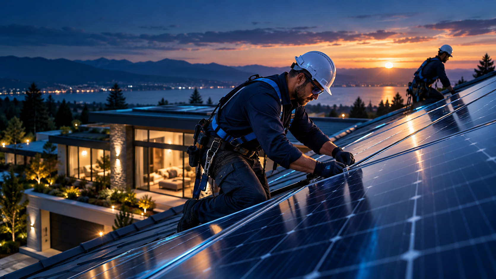 Solar installation technicians fitting photovoltaic panels to the roof of a modern home at sunset