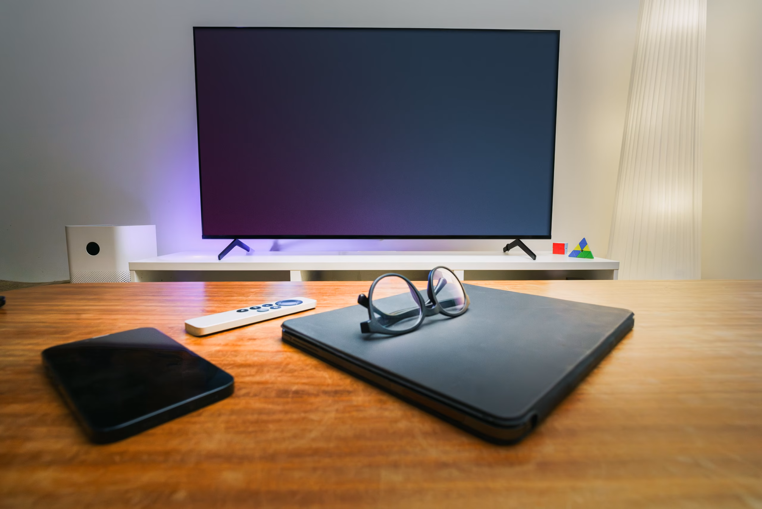 Contemporary living room with smart home devices and technology