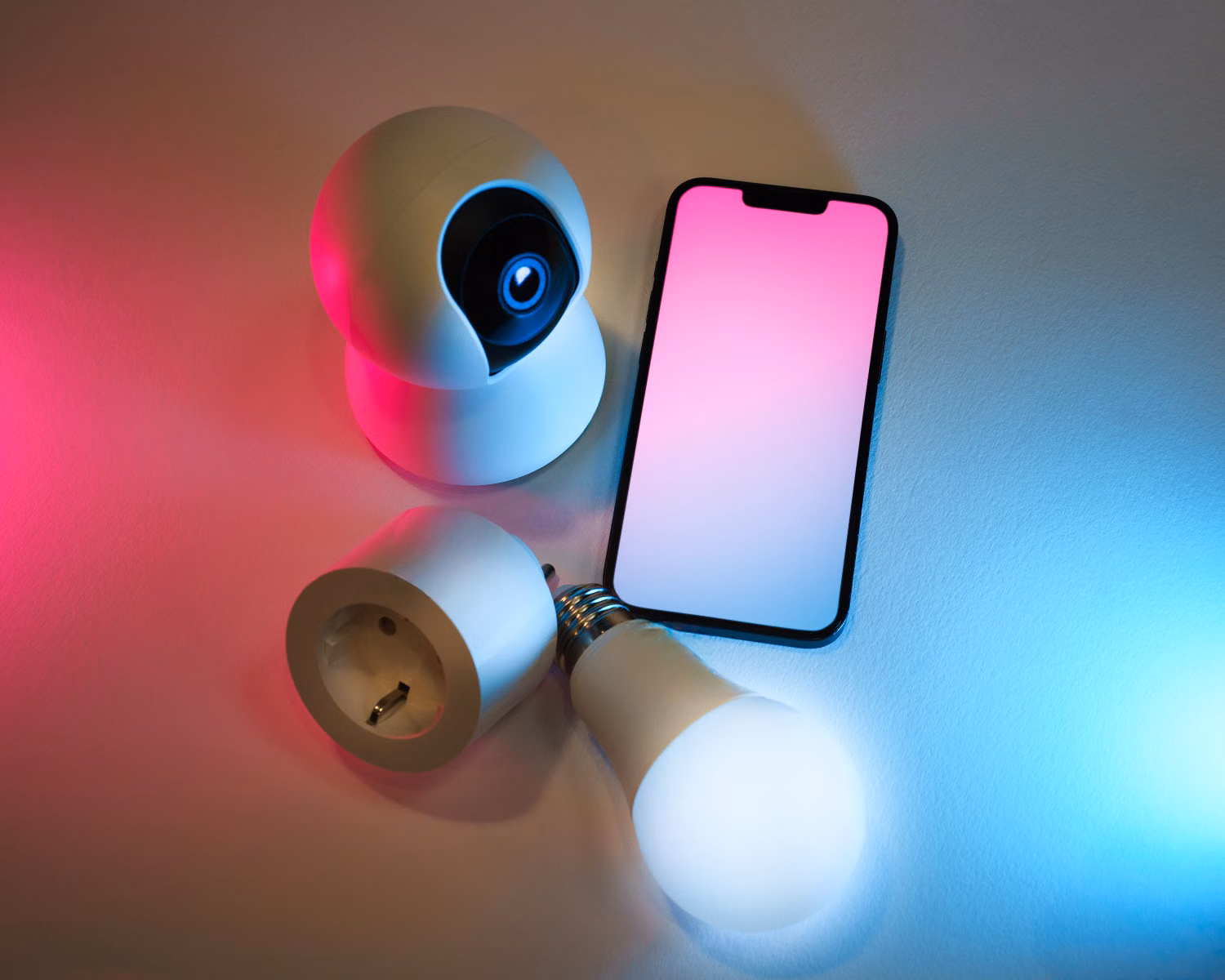 Connected smart home devices including a security camera, smart light and mobile controls